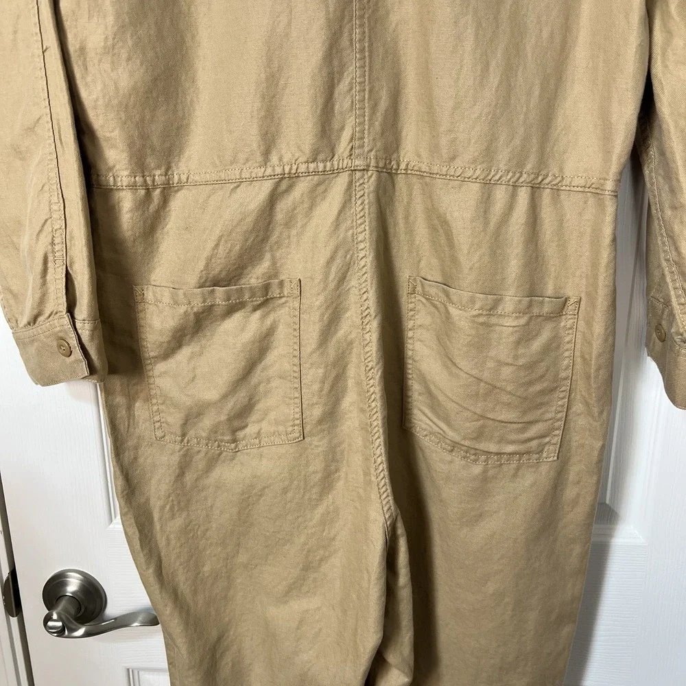 QUINCE Organic Cotton Linen Twill Jumpsuit Women L Long Sleeve Camel Sustainable